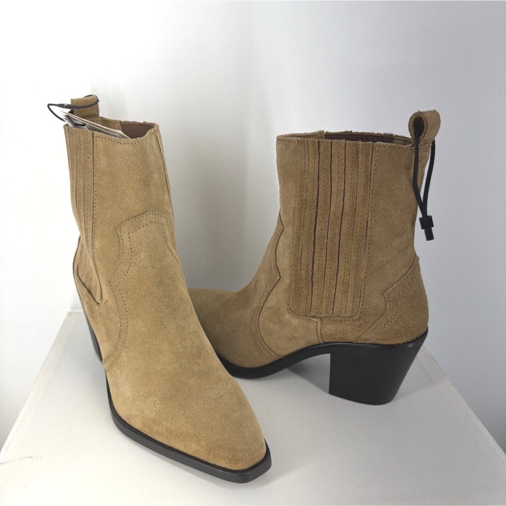 Zara Western Booties Calf Block Heel Tan Suede Boots Women Size 37 Us6.5